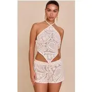 Cream Textured Embroidered Mid Rise Mini Shorts, Cream