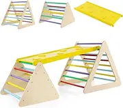 HONEY JOY 3 in 1 Triangle Climber with Ramp, 3 Piece Play Equipment Wooden Climbing Toys for Toddlers, Indoor Kids Climber Ladder Play Gym for Playroom, Playground Climbing Ladder Set for 3+ Years