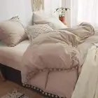 Tan Duvet Cover Queen Size, 3 Piece Boho Pom Fringed Taupe Microfiber Bedding Co