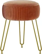 IBUYKE Velvet Round Footrest Stool Ottoman, Makeup Vanity Stool Side Table, Velvet Dressing Table Seat, Pouf Couch Stool, Golden Steel Legs, Orange