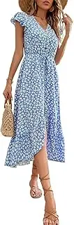 [Generic] Women's Summer Floral Print Ruffled Sleeve Button Front Tie Waist V Neck Split Hem Flowy Midi Dresses for Women