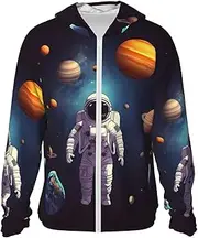 [BWLHJKE] Men's Sun Shirts UPF 50+ Astronaut Solar System Planets Sun Protection Hoodie Lightweight Long Sleeve Rash Guard