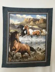 Fabric Wall Hanging Home Decor Lap Blanket Wild Horse Flowing River Hill Nature