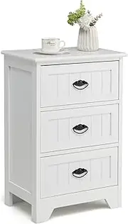 [Giantex] Nightstand with 3 Drawers, Bedside Table with Exquisite Metal Handles, Accent Table Sofa Side Table with Anti-toppling Device for Bedroom, Study, White