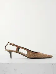 [Versace] Versace - Leather-trimmed Logo-jacquard Canvas Slingback Pumps - Neutral - IT37 IT 37 Neutrals