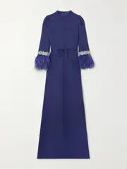 [ANDREW GN] ANDREW GN - Embellished Feather-trimmed Cady Gown - Navy - FR36 FR 36 Blue