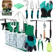 Gardening Tools Set, 12PCS Heavy Duty Garden Hand Tools Gifts for Adult Women Gardeners, Gardening Supplies Set with Fashion Organizer Handbag, Gardening kit for Planting, maintaining,Vegetable, Green