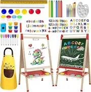 Juivin Wooden Art Easel for Kids and Toddlers, Double-Sided with Magnetic Drawing Board, Adjustable Height, Includes Magnetic Letter & Number Set and Paper Roll.