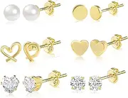 [ALEXCRAFT] 6 Pairs Gold Earrings for Women, 925 Sterling Silver Gold Huggie Hoop Earrings and Zirconia Studs, 14k Gold Plated Multiple Piercing Hypoallergenic Cartilage Sleep Earring for Women