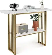 Giantex 2-Tier Console Table 120CM, White Faux Marble Sofa Table w/Open Shelf, Gold Steel Frame, Modern Entryway Table Compact Rectangular Foyer Table, Narrow Couch Table for Living Room, Hallway