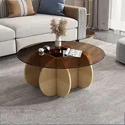 Modern Glass Coffee Table with Solid Wood Base Clear Tempered Glass Top Stylish Center Table for Living Room or Patio 31x16inch Walnut and Teal Color Palette Contemporary Design for Home Décor