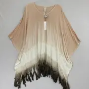 New Chico's Tan Cream Ombre Fringe Artsy Boho Stretch Knit Poncho Top size S/M