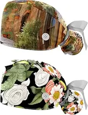 [YTYVAGT] 2-Pc,Nurse Scrub Caps,Scrub Hats with Buttons and Cotton Sweatband,Vintage Yard Home Plants