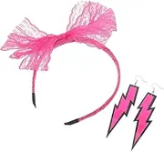 [Ipetboom] Retro Neon Lace Bow Headband Dainty Earrings Set Vibrant Accessories for Parties Costume Events and Retro Outfits Lightweight Safe Materials for Comfort