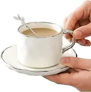 [MRDLKNX] 8.5 Oz Porcelain Coffee Cups, Coffee Mug Set with Saucer and Spoon, Tea Cups Set of 3, Cappuccino Cup for Tea Party, Gifts for Home Office (White)