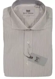 NEW $145 Hickey Freeman Dress Shirt! 17.5 35 *White Tan & Taupe Stripes*