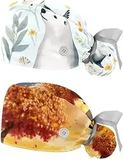[YTYVAGT] 2-Pc,Nurse Scrub Caps,Scrub Hats with Buttons and Cotton Sweatband,Animal Bear Flower Pattern