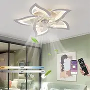 Silent Led Ceiling Fan With Lights,50W Bedroom Ceiling Light,with Remote Control And App,Dimmable Lamp With Fan,5 Lamps, Flower Shape, Acrylic Lampshade, Living Room, Kitchen, Lamps,69 Cm
