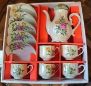 Showa Retro Coffee Cup Saucer Teapot Rose Pattern Aurora Color