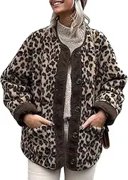[Flygo] Women's Leopard Fuzzy Fleece Jacket Casual Corduroy Patchwork Long Sleeve Button Down Winter Coat Outerwear with Pocket