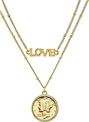 Coin Necklace Pendant Double Strand Love Chain- Genuine Mercury Dime Gold-Layered Coin | Goldtone Saturn Style Chain and Lobster Claw Clasp | Certificate of Authenticity - American Coin Treasures