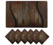 Wooden Design PVC 6 Piece Dining Table Placemat Set with Tea Coasters - Brown