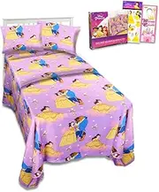 Beauty and The Beast Bedding Set Toddler Bed - Bundle with Belle Bed Sheets with Flat Sheet, Fitted Sheet, and Pillowcase for Twin Bed Plus Stickers, More | Beauty and The Beast Sheets Twin