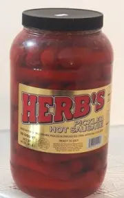 Herbs RED HOT Pickled Sausage 1 Gal. Jar 39 Count Beef & Chicken No Pork Fro...