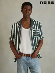 Reiss Green/White Spritz Oversized Crochet Striped Cuban Collar Shirt (N26718) | $260