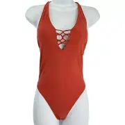 Volcom Swimsuit Womens Sz S Burnt Red Simply Solid Plunge Halter 1 Piece $68 Nwt