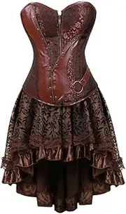 [FAWENLI] Fashion Women'S Corset Steampunk Corset With Gothic Lace Skirt Women Sexy Vintage Retro Pirate Corselet Dress