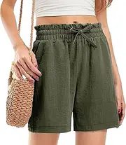 [Generic] Linen Shorts for Women High Waisted Drawstring Elastic Waist Casual Shorts Summer Beach Vacation Outfit