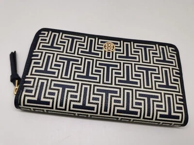 Tory Burch Womens Parker Geo-T Zip Continental Leather Wallet Navy Logo (BNWT)