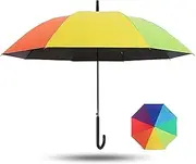 Rainbow Color Stick Umbrella with Hook Handle, Sun and Rain Umbrellas Windproof Auto Open Golf Umbrella for Adult Kids Girls
