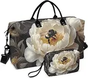 [ZRYSMY] Bee Floral White Duffel Bag for Traveling, Travel Bag Gym Bag, with Multiple Interior Pockets Shoulder Weekender Bag for Women Men with Toiletry Bag 20.5L x 1.9W x 13.8H, Multi-Colored, one