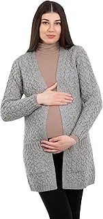[SAOL] Pregnancy Aran Cardigan Coat for Women Irish Open Front Maternity with Pockets Merino Wool Fisherman Made in Ireland