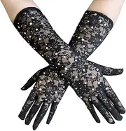 [Generic] Lace Gloves Black Rhinestone Fishnet Glove Flowers Sparkly Full Finger Rave Party Gloves for Women and Girls