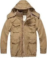 [JINFUHAO] Men Camo1 Tactical Jackets Cotton Multi-Pockets Hooded Long Military Combat Jacket Loose Coats, Khaki, Medium