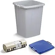 DURABIN 90L Grey Rectangular Wastebin and Blue Lid and 110L Dustbin Bags 25 Pack Strong Plastic Bag for Rubbish Recycling Food Safe with Blue Angel Certified Bin Liners for Home Office Schools