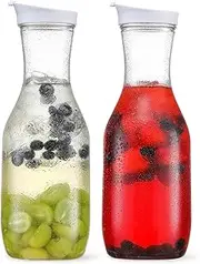 50oz Water Carafe with Flip Top Lid, Clear Plastic Pitcher for Iced Tea, Juice, Lemonade, Milk, Cold Brew, Mimosa Bar - Juice Containers with Lids for Fridge - Set of 2, Hand WASH ONLY