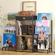 Record Player Stand with Vinyl Storage, Record Player Table with 8-Tier Vinyl Display Holder, Vinyl Record Stand Storage Up to 200 Albums, Turntable Stand with Metal Frame, Tabletop 15.75''Lx 11.82''W