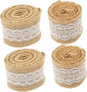 KICHOUSE 4 Rolls Burlap Napkin Rings with Lace DIY Ribbon for Present Wrapping Reusable Rustic Napkin Holders for Weddings Christmas Celebrations
