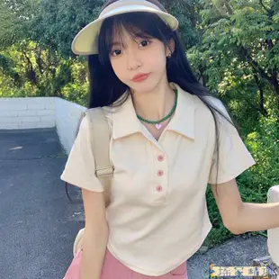 ✨OLUX 女裝 免運✨ 修身翻領polo衫女夏季日系學院風軟妹可愛新款百搭短款短袖