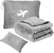 Nenolix Travel Blanket Airplane Compact with Bag, Travel Essentials 3 in 1 Packable Airplane Blanket, Travel Pillow and Blanket Set, Inflatable Pillow, Luggage Sleeve & Backpack Clip (Light Grey)