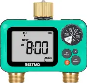 RESTMO Sprinkler Timer with Brass Inlet & Outlet, 2 Zone Programmable Water Time