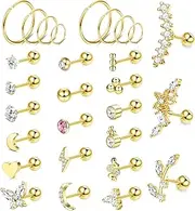 [Kakonia] 28 Pcs 16g Cartilage Earring Stud Hoop for Women Tragus Stud Earring Cartilage Piercing Jewelry Surgical Steel Forward Helix Earrings Hoop Rook Daith Conch Piercing Jewelry
