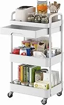 SHENMAIDAY 3-Tier Rolling Utility Cart with Drawer,Multifunctional Storage Cart with Plastic Shelf & Metal Wheels,Storage Cart for Kitchen,Bathroom,Living Room,Office,Workshop, White