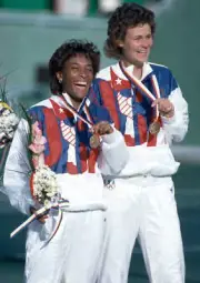 Zina Garrison and Pam Shriver of the USA pose with their gold med - Old Photo