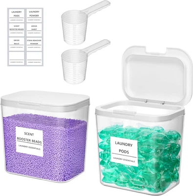 2 Pack Laundry Pods Container with Labels and Measuring Scoops, Two 0.72 Gal/92