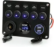 Toggle Rocker Switch Panel Dual USB Socket Charger 4.2A + LED Voltmeter + 12V Power Outlet + 5 Gang ON-Off Toggle Switch Multi-Functions Panel for RV Car Boat Vehicle Truck Yacht (Blue)